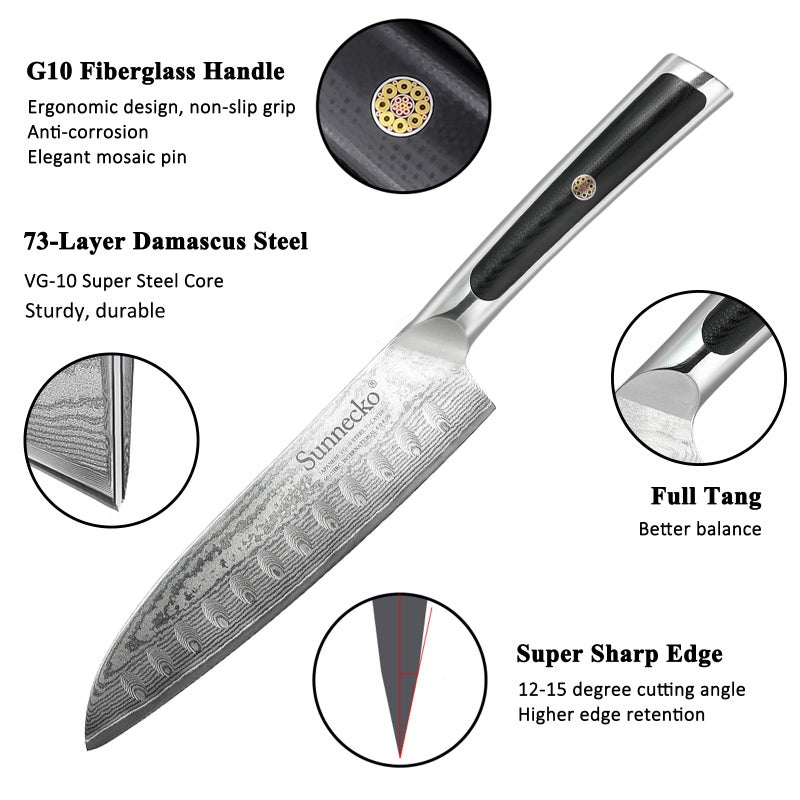 Sunnecko Kitchen Knife Japanese Damascus Santoku Knife 7 Inch,High Carbon Steel Cooking Knife Professional with G10 Handle - Image 2